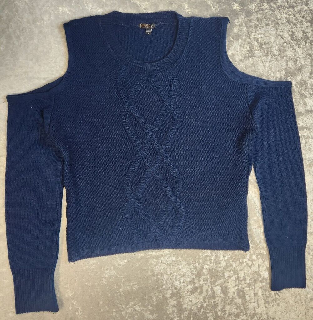 Copper Key Womens Blue Cold Shoulder Cable Knit Sweater-Size Small